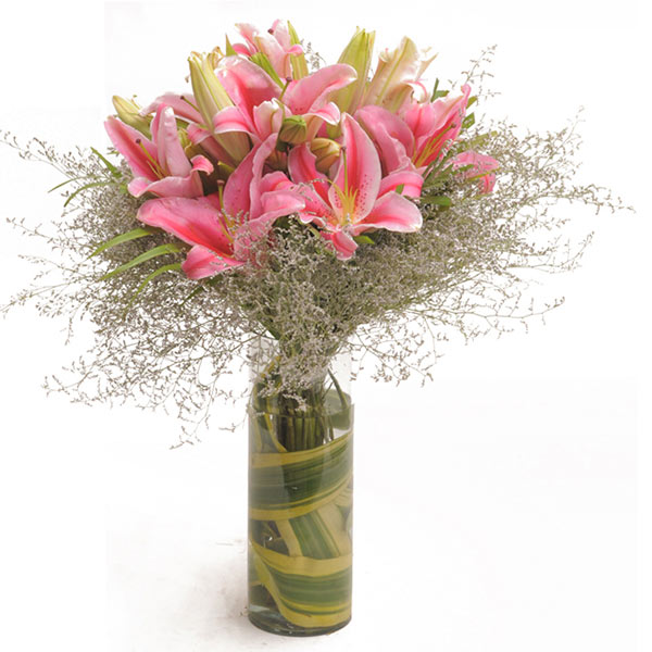 Send Pink Oriental Lilies in Glass Vase Online - EXDFNP551GAL | Giftalove