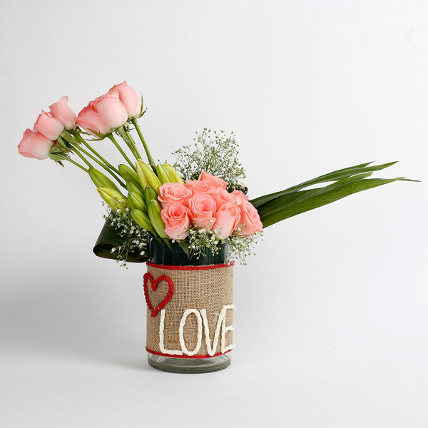 Send Pink Roses & Yellow Lily Glass Vase Arrangement Online ...