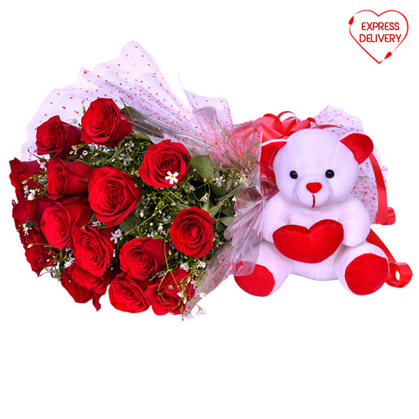 Pink Teddy Bear With Red Roses