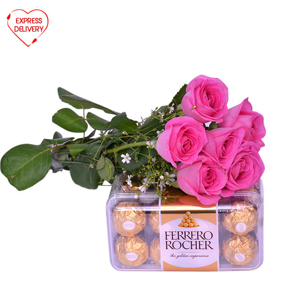 Ferrero Rocher Roz Send Ferrero Rocher (200 gm) with Pink Rose Bunch Online ...