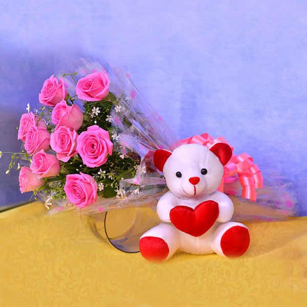 Send Pink Roses Bouquet with Teddy Online - VLPREX52GAL16 | Giftalove