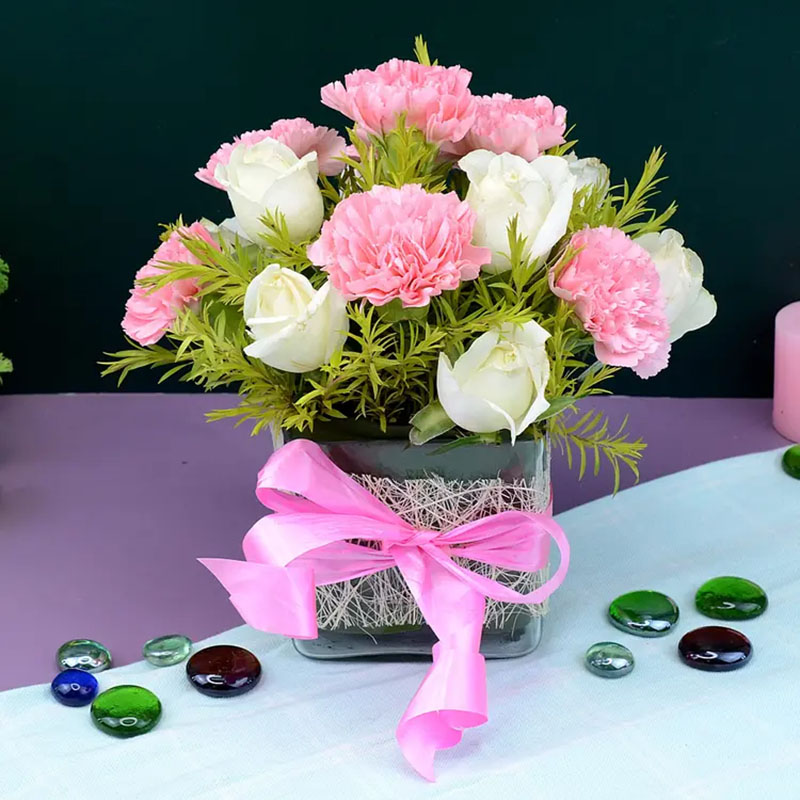 Send White Roses N Pink Carnations in Glass Vase Arrangement Online ...