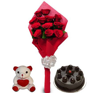 Red Roses with Chocolate Cake & Teddy