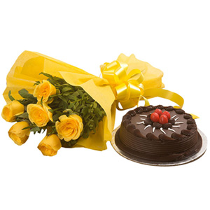 6 Yellow Roses with Truffle Cake (500gm)