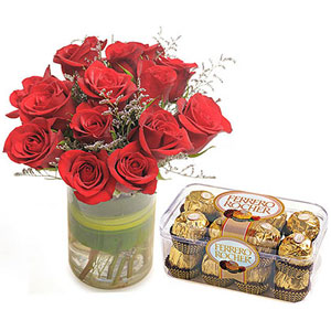 Red Roses in Glass Vase with Ferrero Rocher