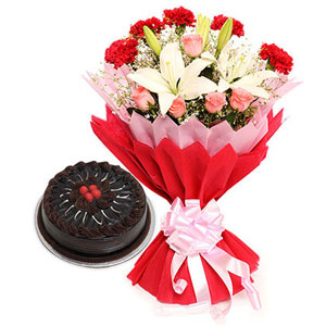 Charming Flower Bouquet with Cake