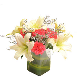 Lilies & Carnations in Glass Vase