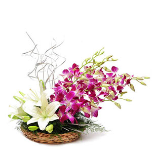 Purple Orchids with White Lilies
