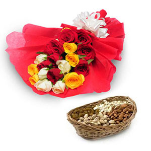 Mixed Rose Bouquet with Dryfruit Basket