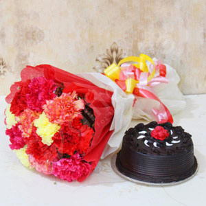 Mixed Carnation Flowers with Truffle Cake