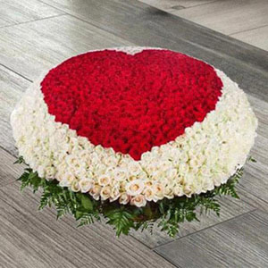 White and Red Roses Heart Arrangement in Cane Basket