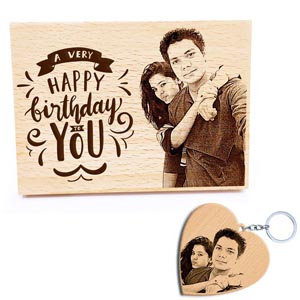 Personalized Engraved Wooden Photo Plaque and Heart Shaped Keychain For Birthday (13x9.5cm)