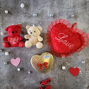 Two Teddies with Heart Shape Pillow and Ferrero Rocher Chocolates Valentine Gift 