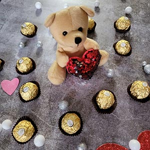 Teddy with 12 Ferrero Rocher Chocolates Valentine Gift Pack  : Valentine Gifts to USA