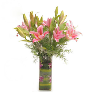 Pink Oriental Lilies in Glass Pot