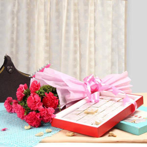 Dark Pink Carnations Bouquet with Kaju Burfi 1kg