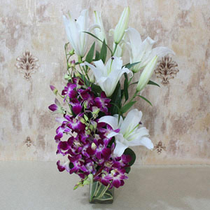 Purple Orchids & White Lilies Glass Vase