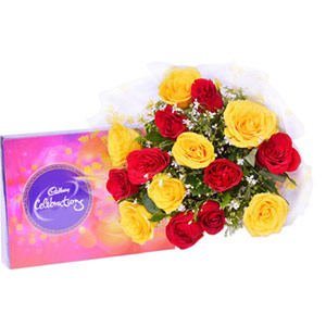 Red & Yellow Rose Bouquet with Celebrations
