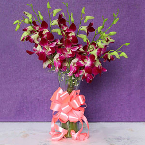 Glass Vase of Purple Orchids