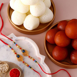 Sneh Peacock Rakhi & Sweets Tin to Qatar