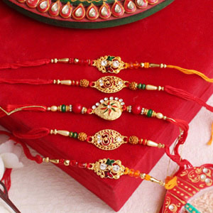 Graceful Set of 5 Golden Rakhis 