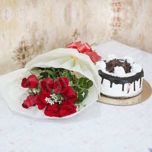 Red Rose Bouquet with Black Forest Cake