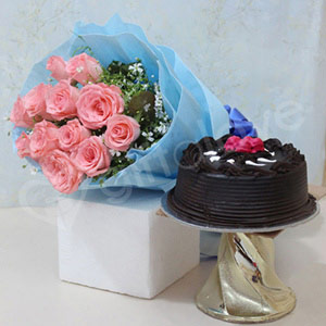 Pink Roses Bouquet with Truffle Cake