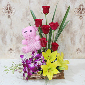 Mixed Flower Basket with Teddy