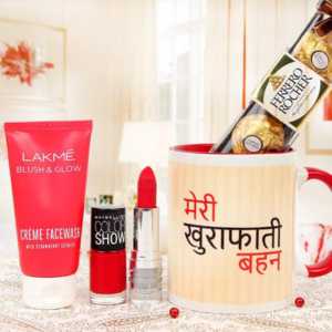 A Sarcastic Mug With Cosmetics Hamper For Loving Sisters