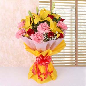 Asiatic Yellow Lilies with Red Roses and Pink Carnation