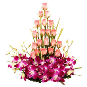 Attractive Pink Rose N Purple Orchid Basket Arrangement 