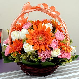 Basket of Gerberas and Roses with Carnations