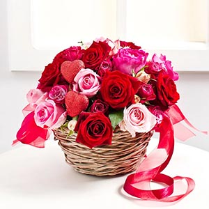 Beautiful Mixed Rose Valentine Flowers in Basket