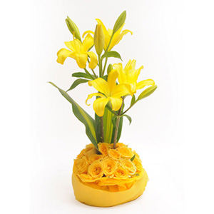 Beautiful Yellow Lily N Rose Flower Basket Arrangement 