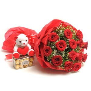 Bouquet of Budding Red Roses with Teddy Combo