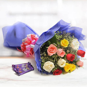 Bunch of Mix Roses with Four Dairy Milk