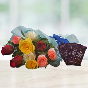 Bunch of Ten Mixed Roses N Dairy Milk