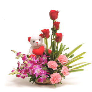 Captivating Mixed Flowers Basket with Teddy