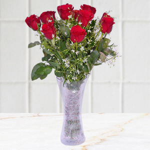 Charming Red Roses in Glass Vase Arrangement - Bhai Dooj Flowers