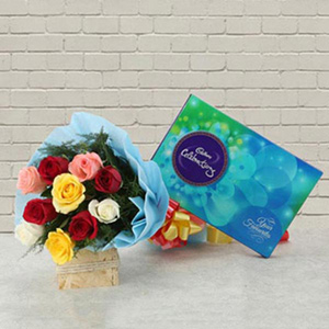 Colorful Mix Roses Bouquet with Celebrations Box