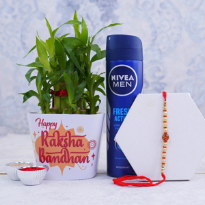 Combo of Designer Rakhi with Nivea Perfume N Lucky Plant