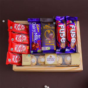Dairy Milk N Ferrero Rocher Chocolates in Wooden Tray 