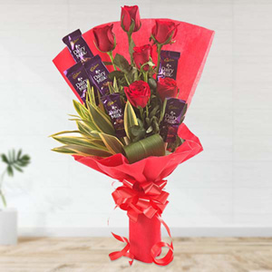 Dairy Milk N Red Roses Flower Bunch
