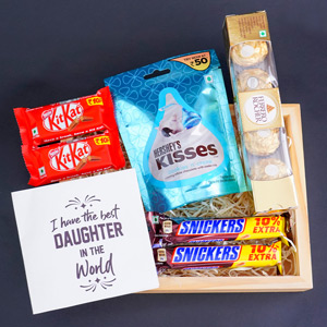 Daughters Day Chocolates in Wooden Tray N Card 