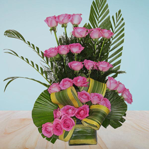 Designer Pink Roses Glass Vase Arrangement