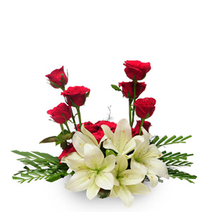 Elegant White Lily N Red Rose Flowers Basket