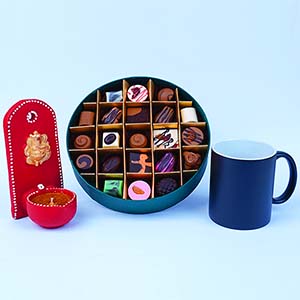 Exclusive Hamper With Assorted Chocolates Designer Diya and Personalized Mug