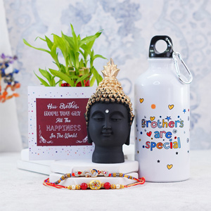  Gift Pack of Designer Rakhi with Buddha Statue N Bottle