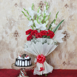 Glads N Carnations Bouquet with Black Forest Cake 