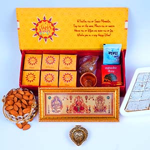 Golden Celebration Box with Kaju Katli Almonds and Pooja Essentials